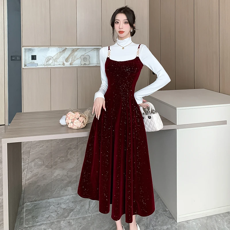 法式气质吊带高贵连衣裙收腰显瘦长款秋冬长裙礼服裙新娘