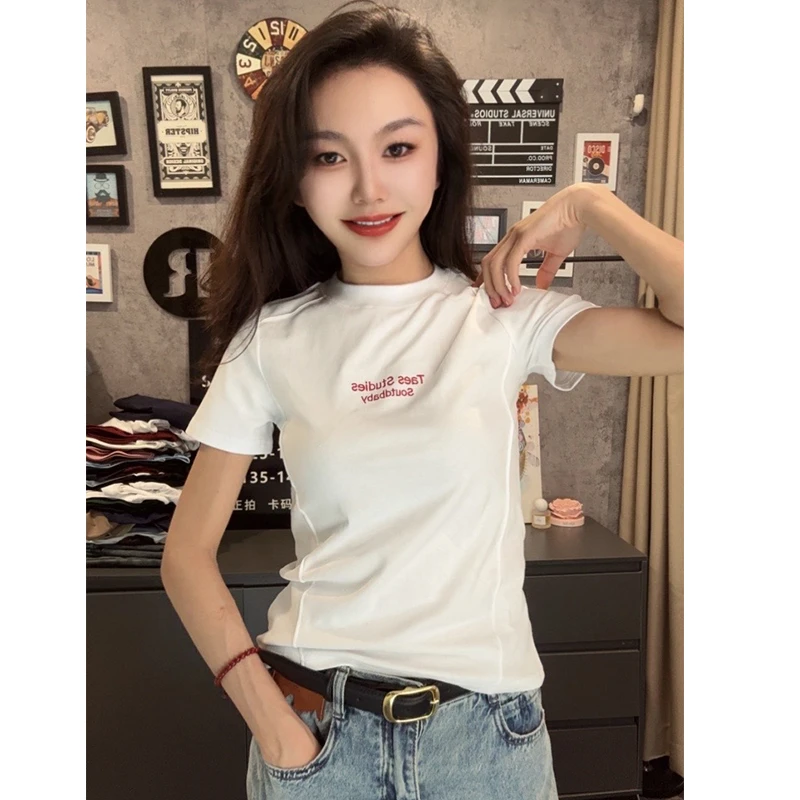白色简约字母印花短袖T恤女夏季新款正肩磨毛百搭减龄上衣服半袖