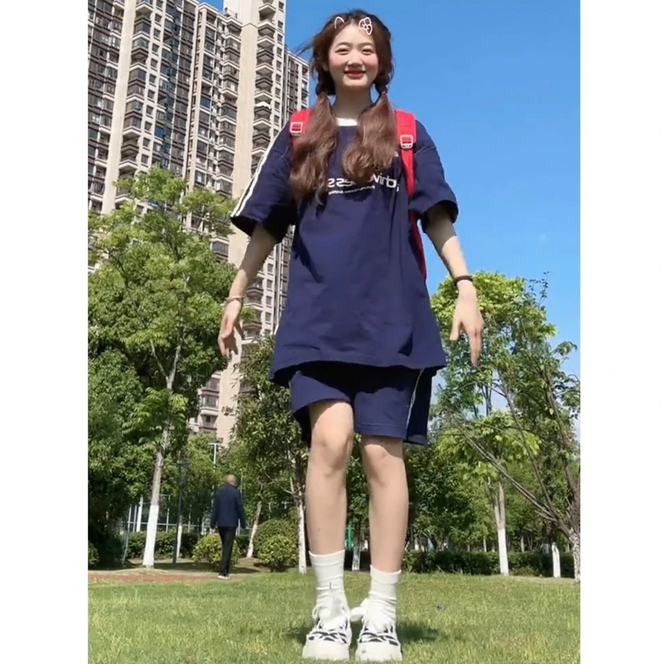 美式少女学院风休闲运动服套装女夏季洋气复古宽松短袖短裤两件套