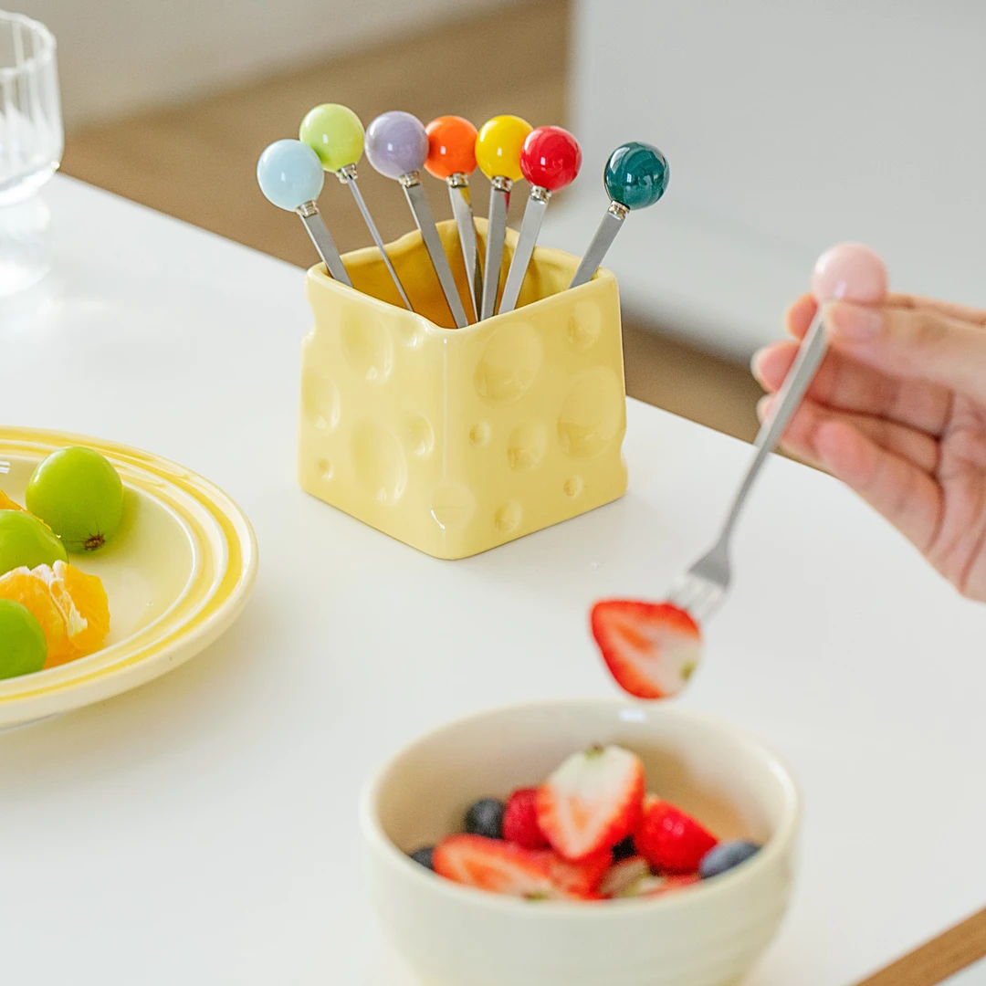 彩色水果叉304不锈钢叉子奶酪陶瓷收纳罐儿童安全家用一人一色