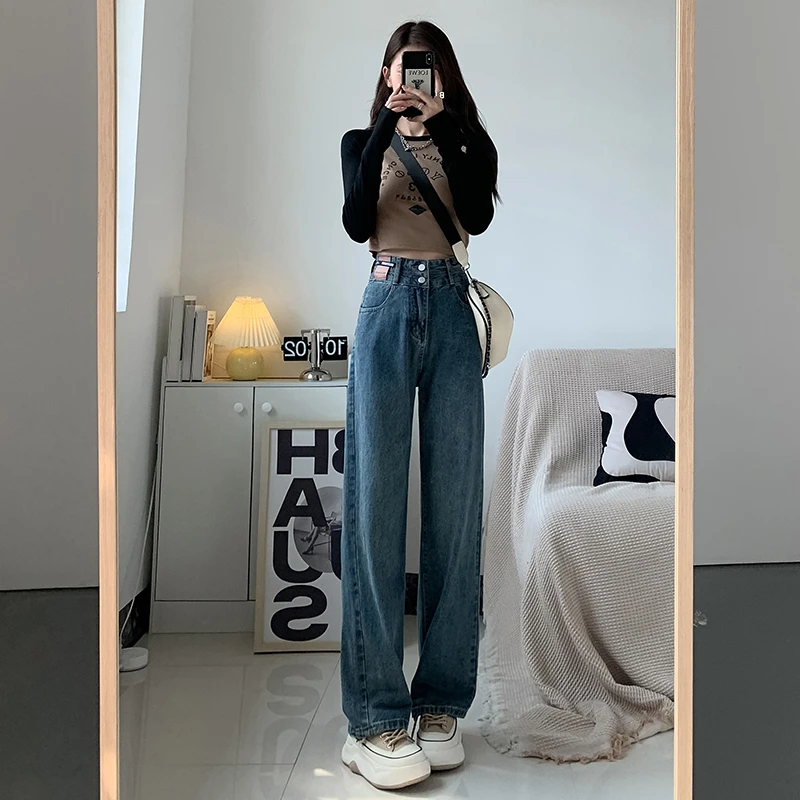 高腰个性双扣韩版阔腿垂感拖地裤2025夏季新款直筒宽松牛仔裤
