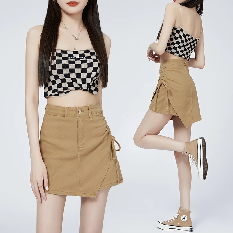 重工满钻抽绳半身裙女2023夏季新款高腰显瘦弹力a字包臀短裤裙子