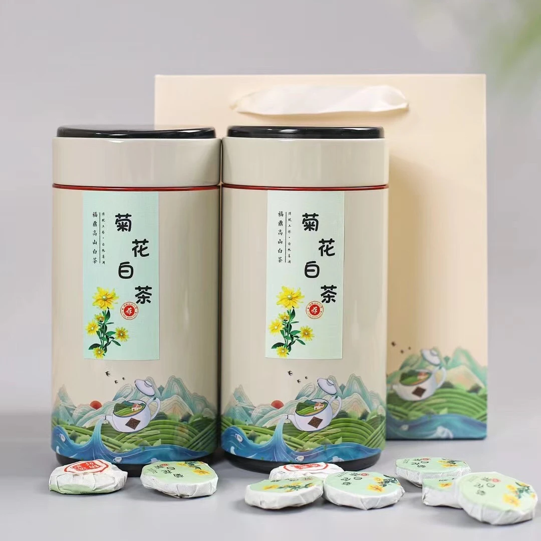菊花白茶小茶饼福鼎白茶工艺寿眉菊花茶小饼干罐装日晒