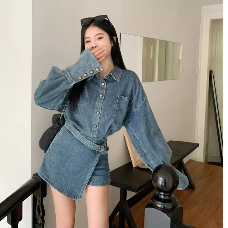 3988复古牛仔套装女春秋中长款宽松遮肉衬衣设计感高腰裤裙二件套