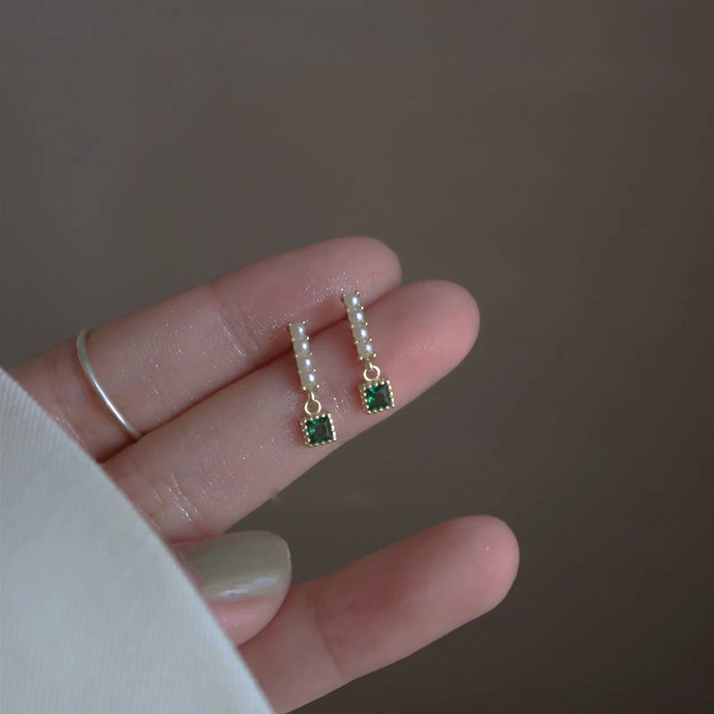 鹿色墨绿色复古风耳饰珠珠高级感耳环女复古小巧简约网红几何耳钉