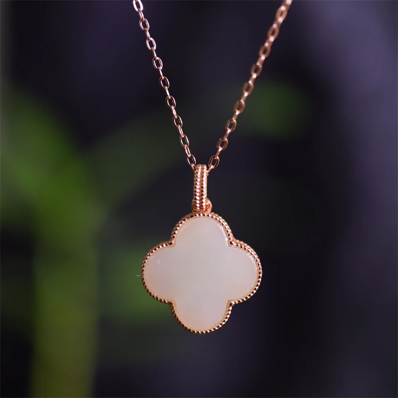 S925银镶和田玉四叶草吊坠