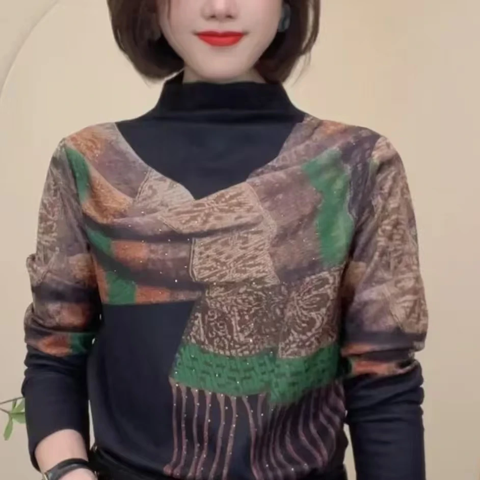 2024秋冬新款设计感假围巾T恤半高领长袖时尚百搭简约女士小衫