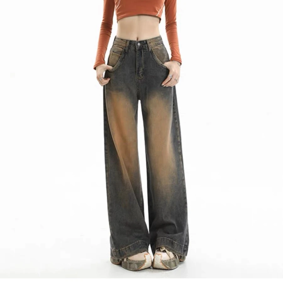 包【帕】美式复古水洗做旧阔腿高腰显瘦宽松垂感直筒裤子拖地裤