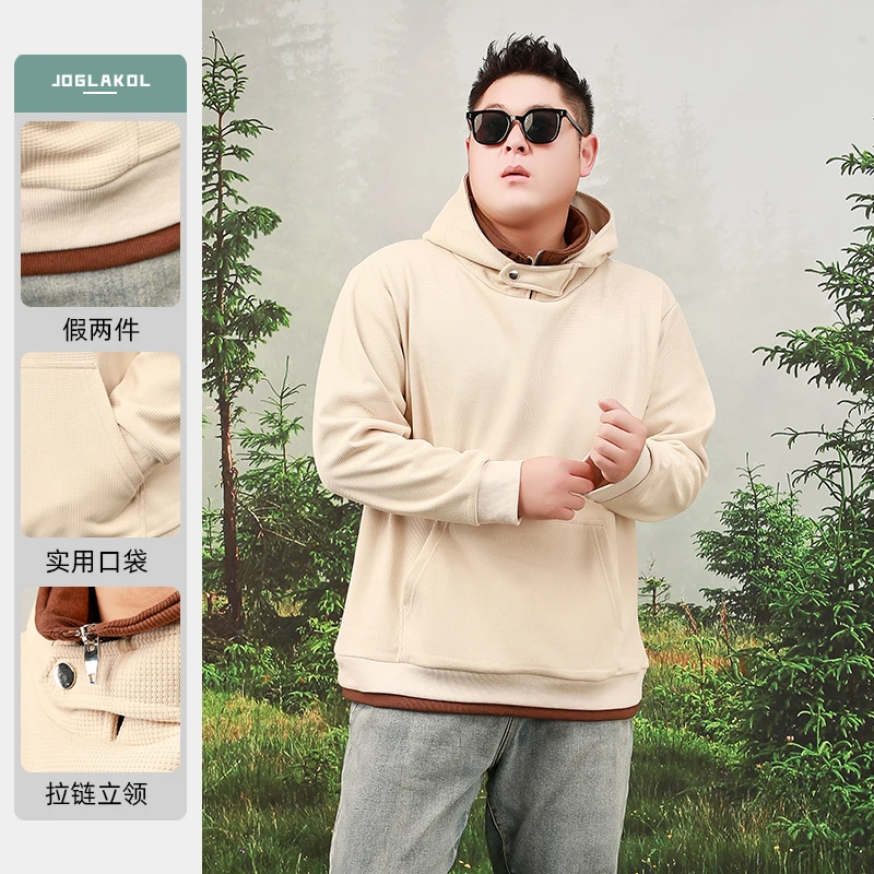 【假两件加绒连帽卫衣】乔拉格大码男装冬季新款假两件拉链连帽卫衣