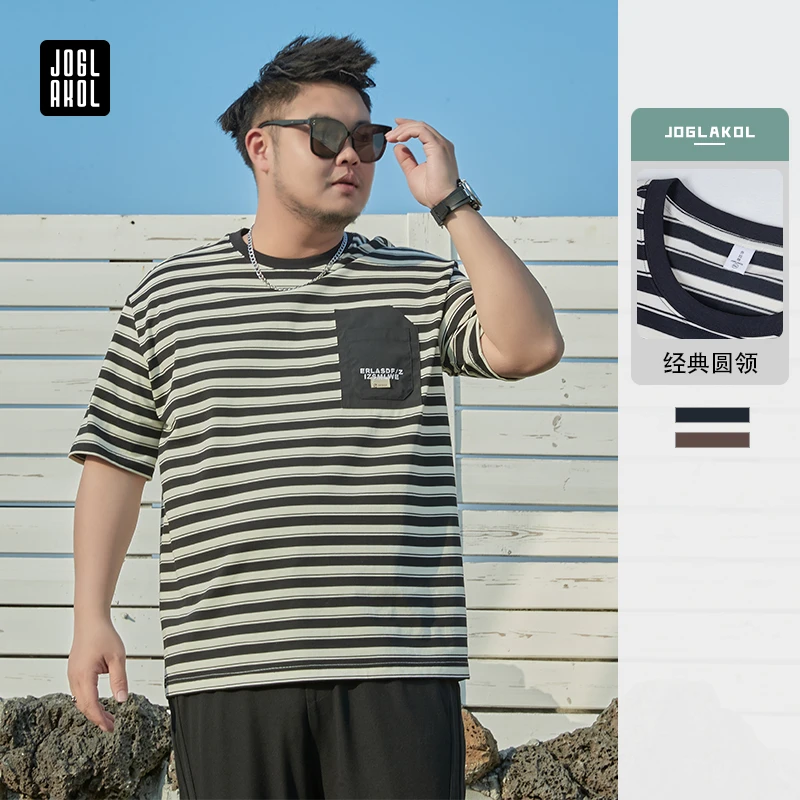 【条纹口袋短袖T恤】乔拉格大码男装百搭胖子宽松休闲穿搭潮上衣