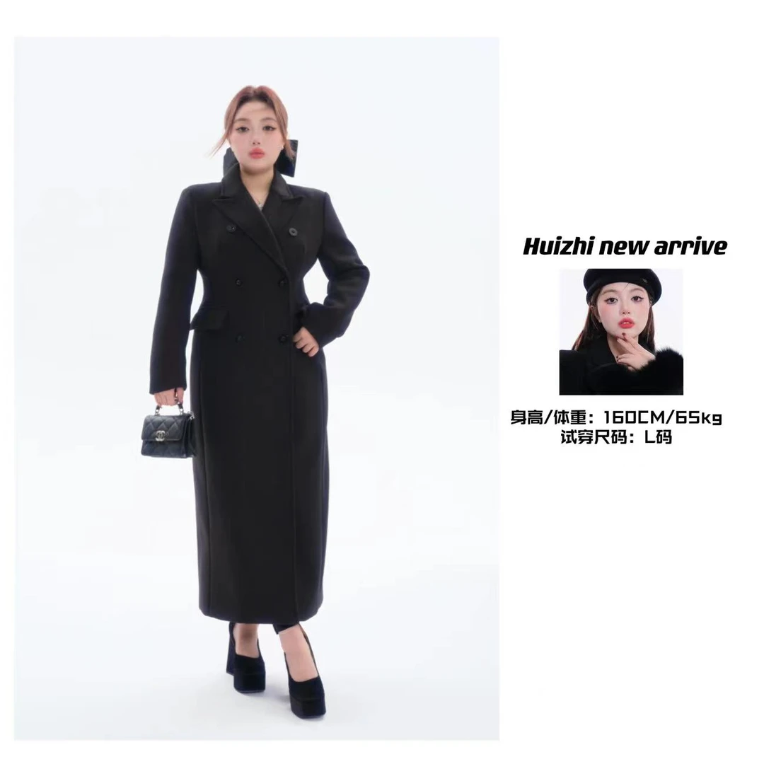 博主专享 沙漏腰大衣 定制款女明星同款单面呢黑色大衣外套