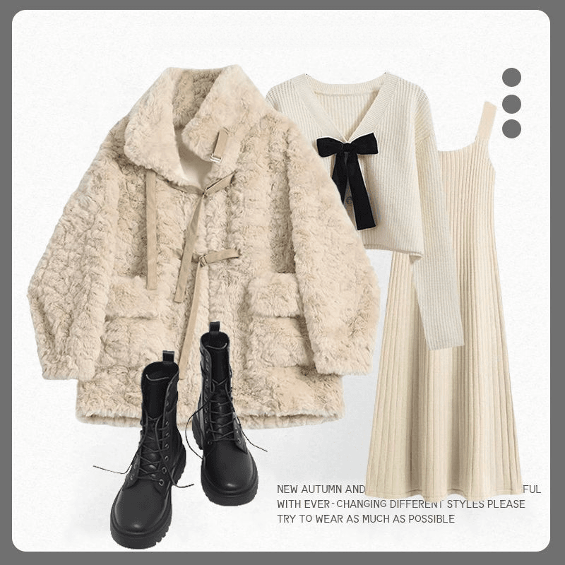 秋冬套装女新款加绒加厚羊羔毛外套毛衣搭配显瘦连衣裙三件小香风