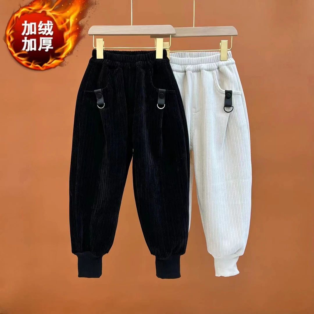 现货冬款儿童加绒加厚裤子男女童雪尼尔一体条绒卫裤亲子装兄妹装
