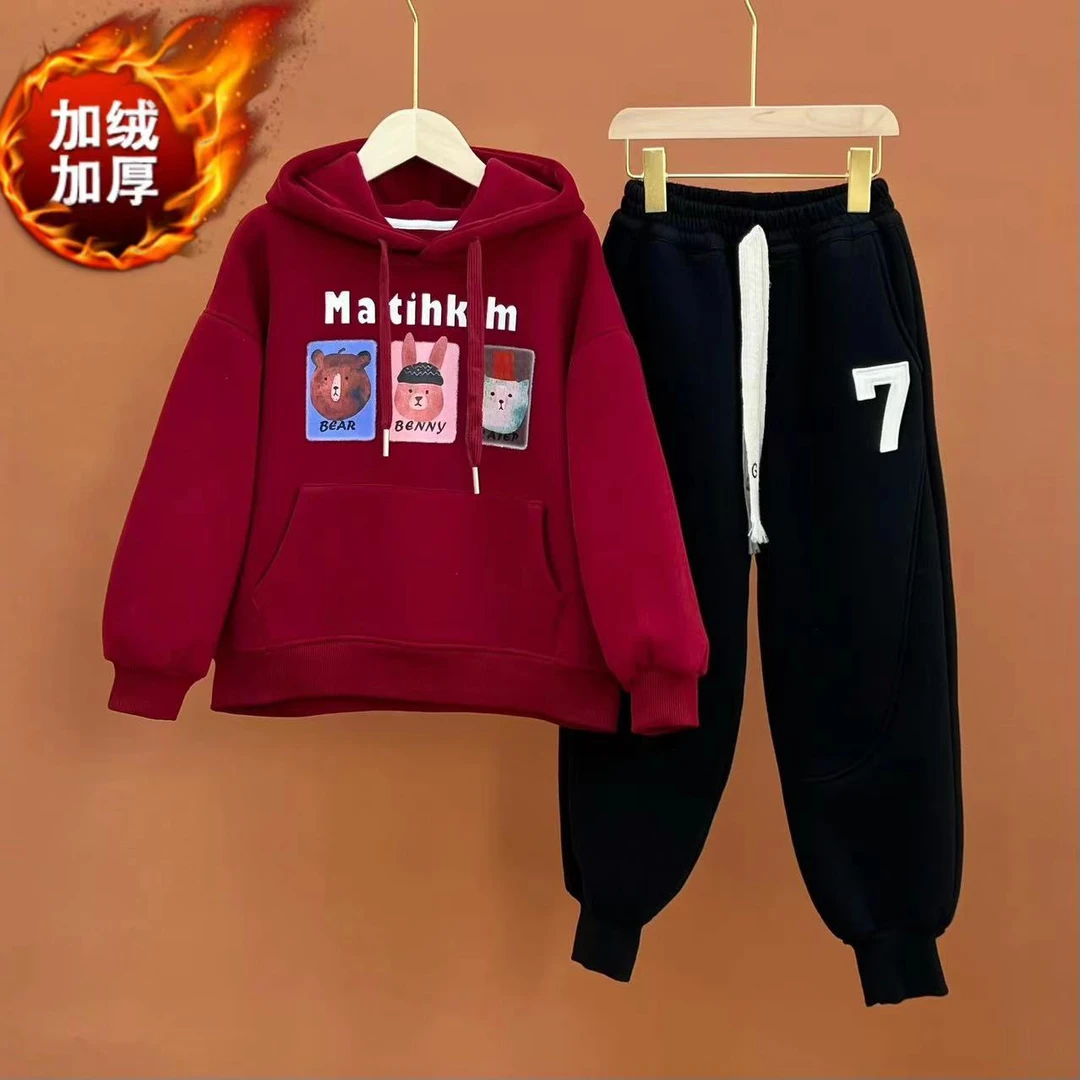 现货年服冬装男女童加厚加绒卫衣套装中大童一体绒上衣亲子装