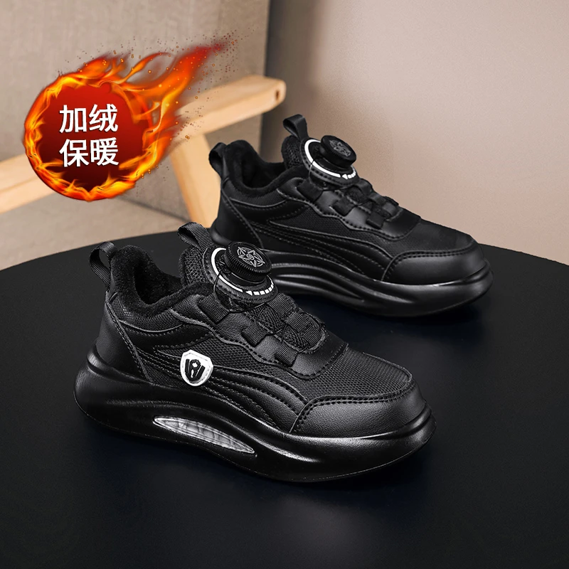 品牌男童鞋子秋冬加绒薄款皮面防水儿童运动鞋旋转扣小男孩跑步鞋