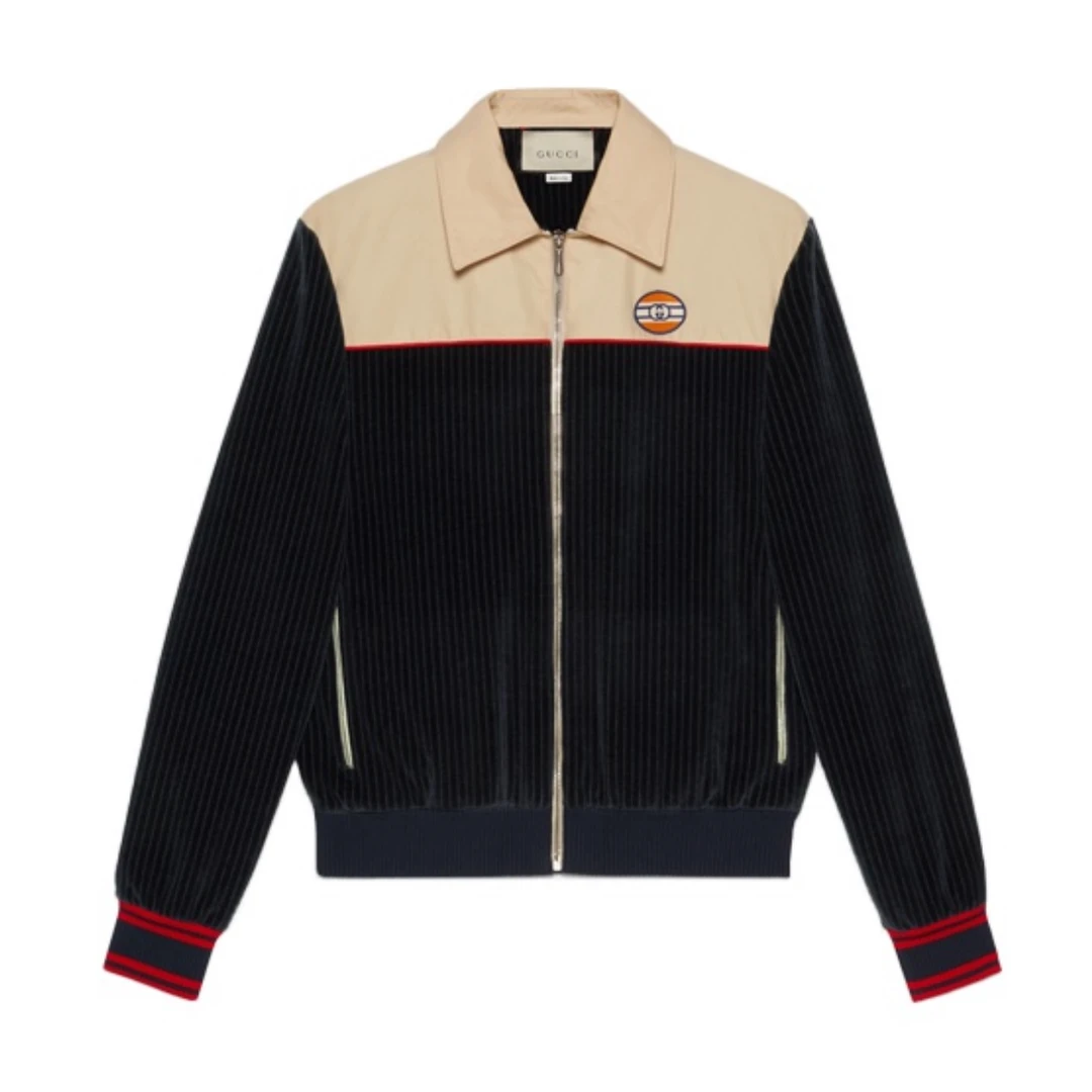 全新未使用 GUCCI/古驰 剪标罗纹棉天鹅绒拉链剪标翻领夹克外套