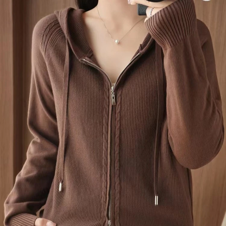 秋冬外穿连帽开衫女短款针织外搭长袖宽松纯色毛衣百搭连帽衫外套