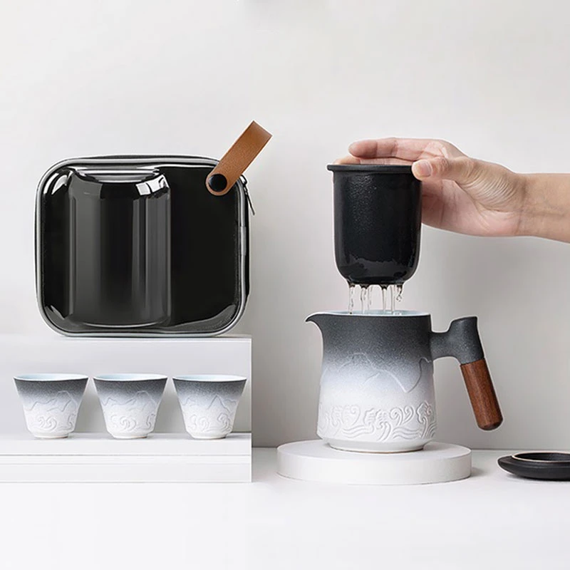 山海观便携式旅行茶具套装陶瓷一壶三杯户外功夫泡茶快客杯