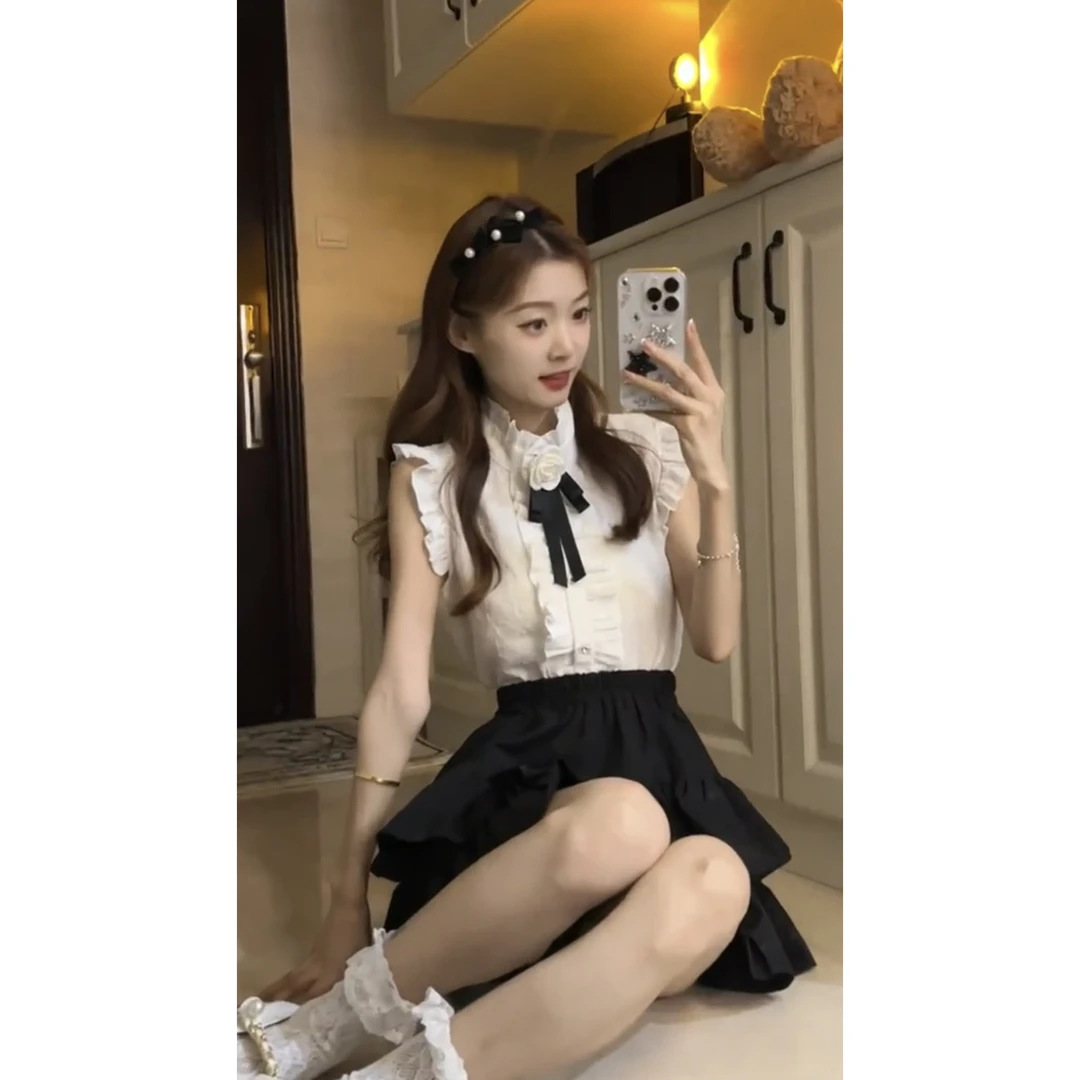 山茶花宫廷风背心衬衫无袖上衣显瘦百搭蓬蓬蛋糕裙套装女