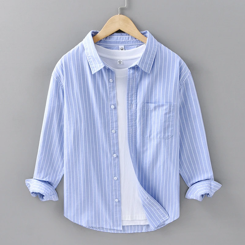 100%纯棉条纹刺绣衬衫{高智淡人}穿搭男士日系休闲百搭宽松衬衣