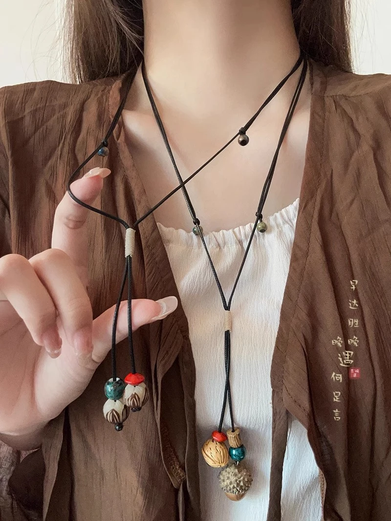 非金属皮质项链 小众高级感榛果陶瓷编织项链时尚复古民族风配饰