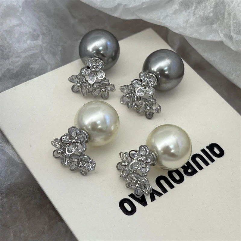 铜合金耳饰 一款两戴锆石花朵珠珠耳环小众设计感轻奢高级感耳饰