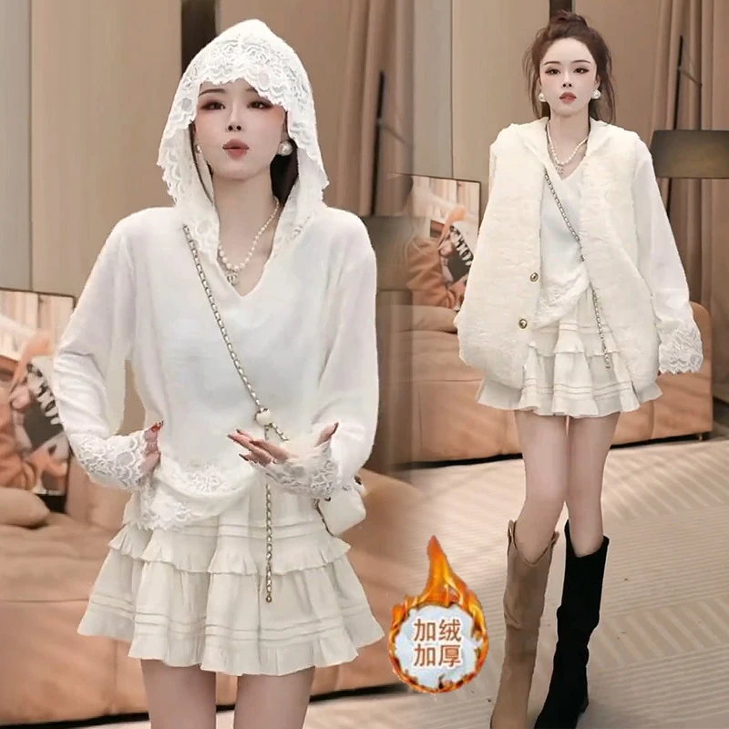 加厚加绒连帽蕾丝拼接针织打底衫女2024秋冬新款洋气显瘦百搭上衣