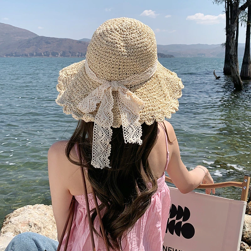 网红蕾丝渔夫帽女2023新款夏季海边沙滩法式草帽遮阳防晒太阳帽子
