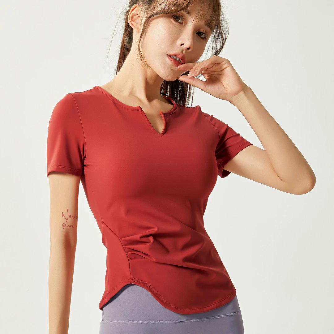 夏季运动健身服女款上衣短袖跑步健身衣夏款瑜伽t恤v领瑜伽修身