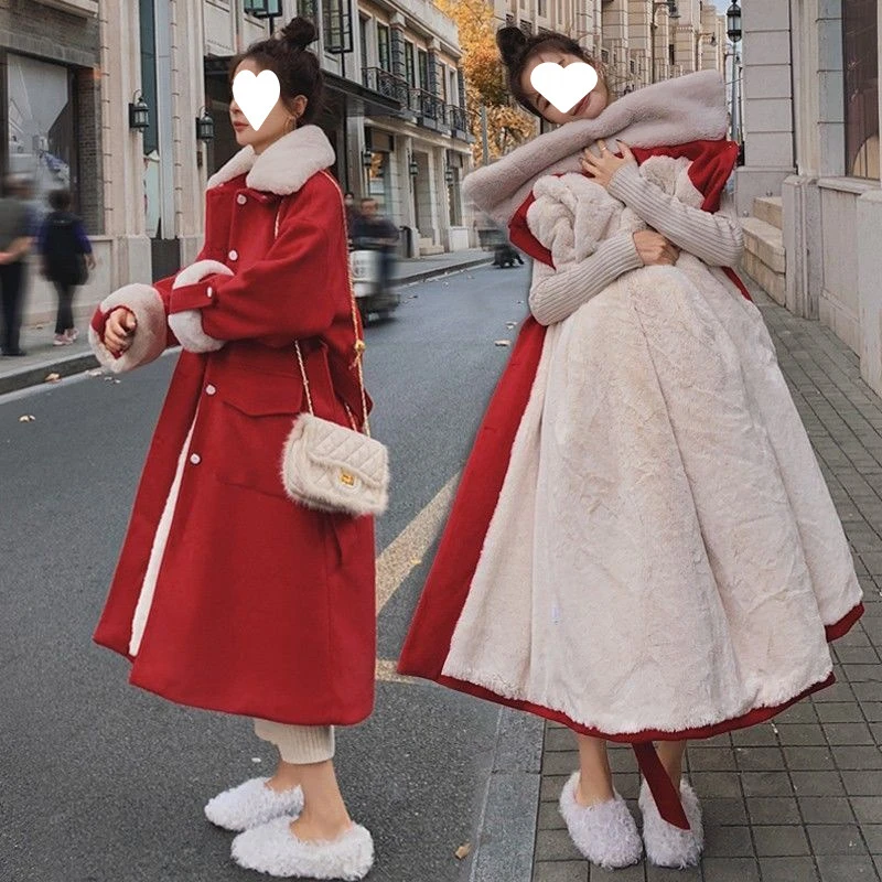 中长款毛呢外套女冬季新款加绒加厚时尚毛绒高腰绑带东北大衣棉袄