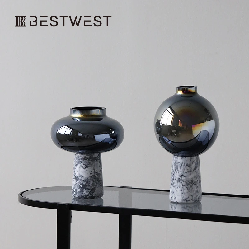 博西家居 中古风大理石花器摆件轻奢家居样板间玻璃花瓶软装饰品
