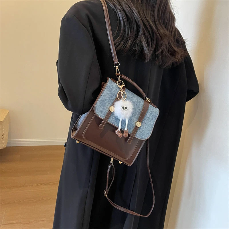 复古牛仔双肩包女包包2023新款潮学生上课背包百搭单肩手提书包
