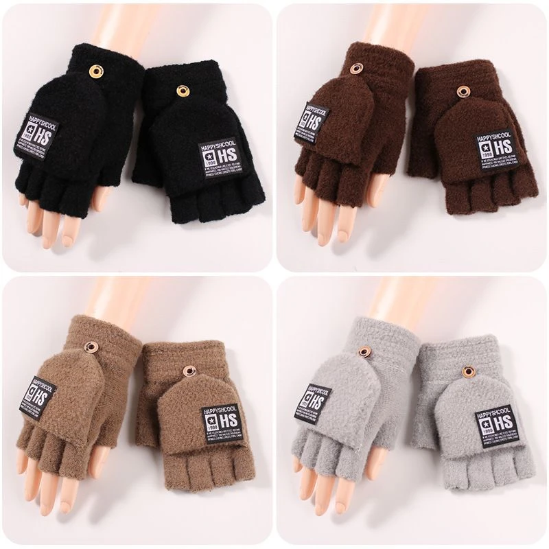 冬季保暖男士手套加厚翻盖两用毛呢露指手套针织时尚学生骑行写字