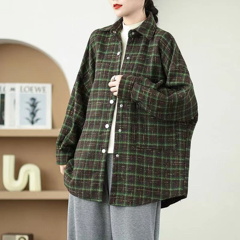 （张丹丹）高级感加厚毛呢格子外套女2024复古中长款复古休闲宽松