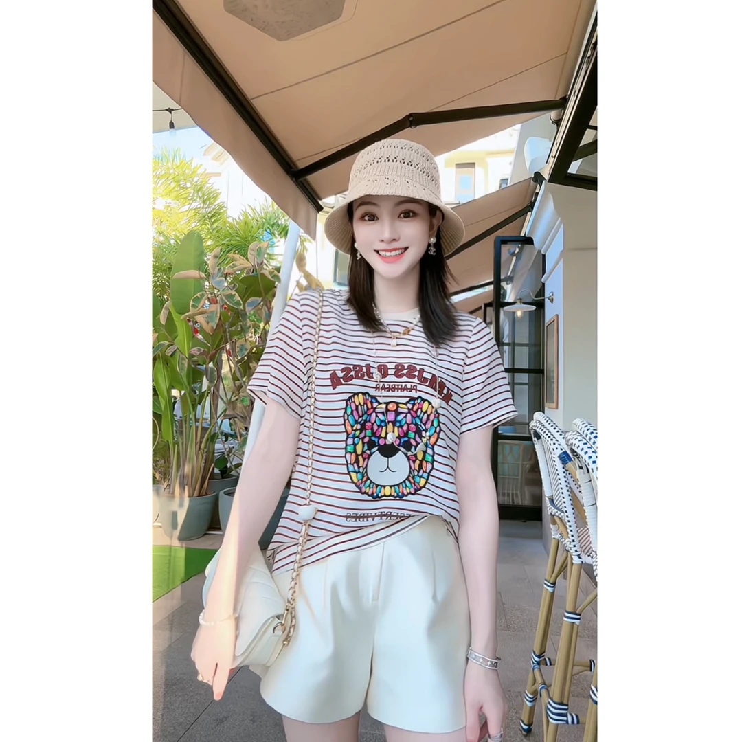 【深圳米熙儿】彩色小熊—百分百桑蚕丝夏季百搭显瘦印花T恤Y011