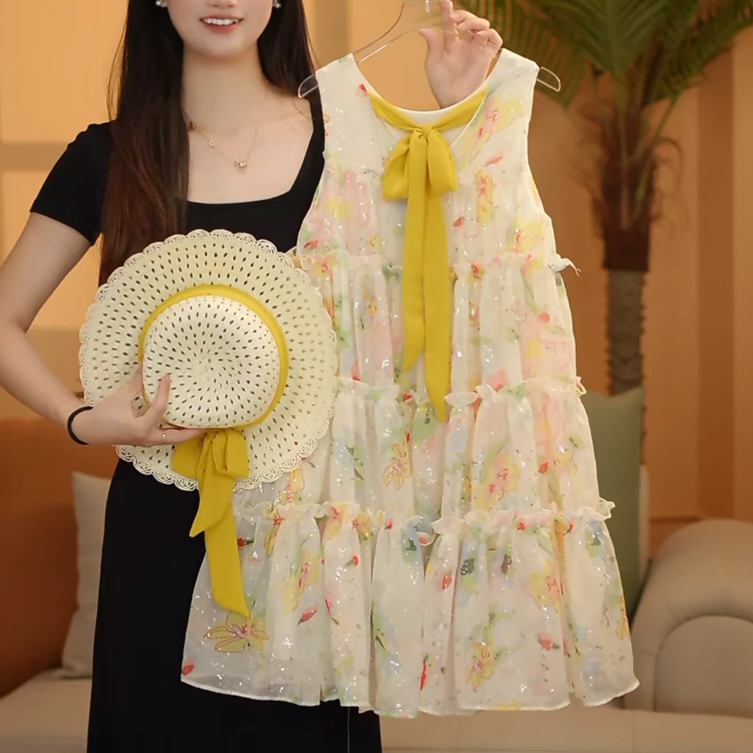 女童连衣裙2024夏季时尚飘带蛋糕裙气质背心连衣裙T4230001333