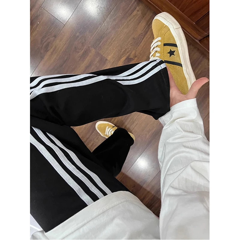 美式三条杠休闲裤男夏季冰丝宽松直筒条纹裤子高街潮牌痞帅运动裤