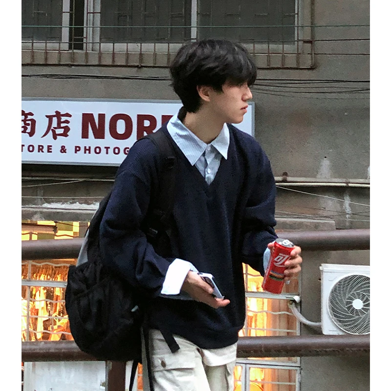 cleanfit藏青色卫衣男款春秋季假俩件高级感外套美式痞帅vibe上衣