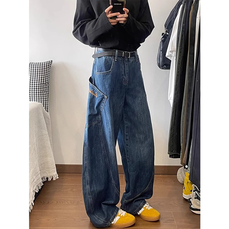 深蓝色拼接弯刀牛仔裤男春秋季美式痞帅小众设计感裤子镰刀阔腿裤