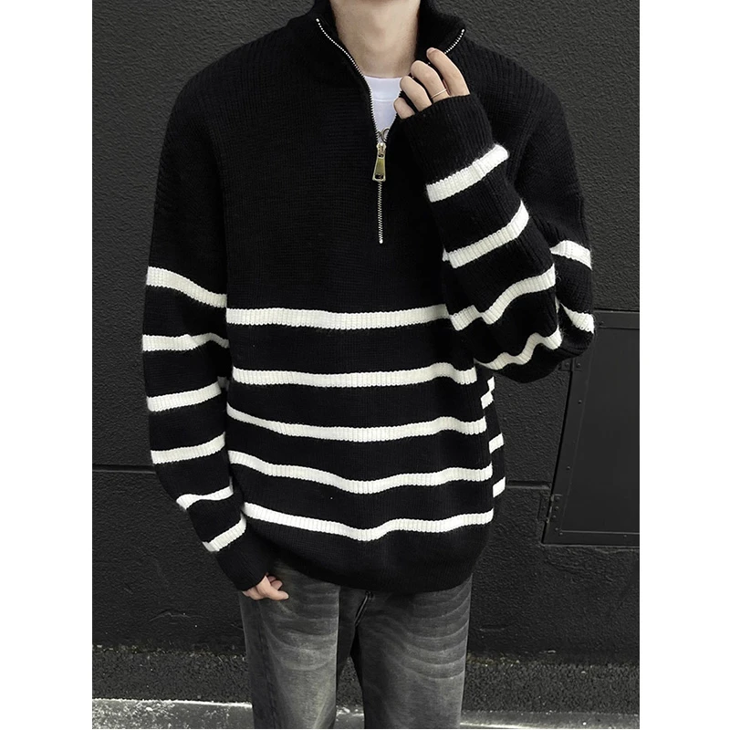 美式黑白条纹立领毛衣男款冬季慵懒风宽松半拉链oversize针织外套