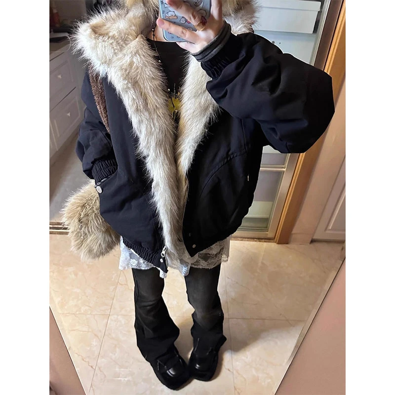 cleanfit座山雕连帽毛领夹克棉服秋冬美式潮牌情侣款加厚保暖外套