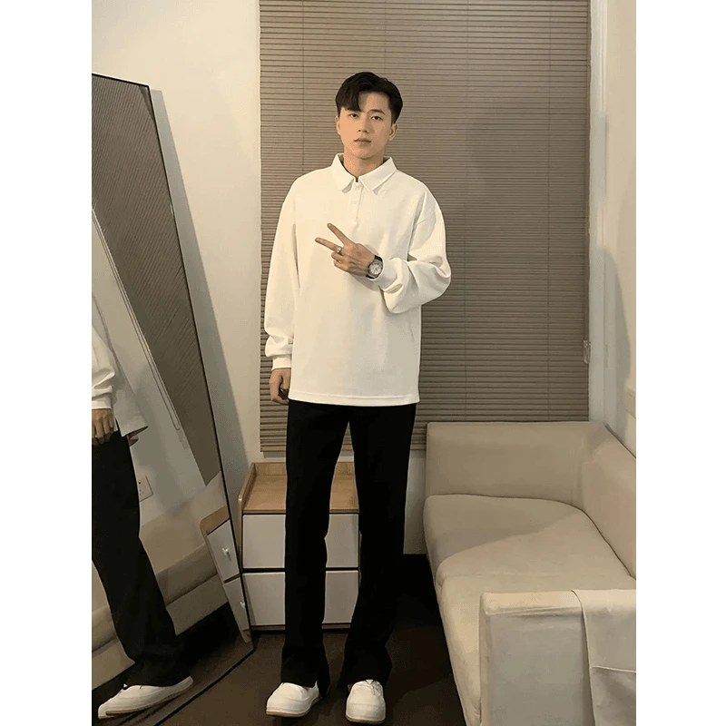 美式正肩polo衫秋季成熟稳重男装白色长袖t恤重磅polo领卫衣内搭