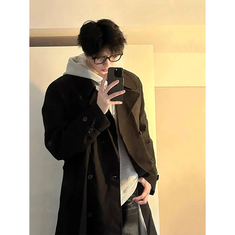 cleanfit黑色中长款过膝风衣男秋冬款高级感美式复古vibe潮牌外套