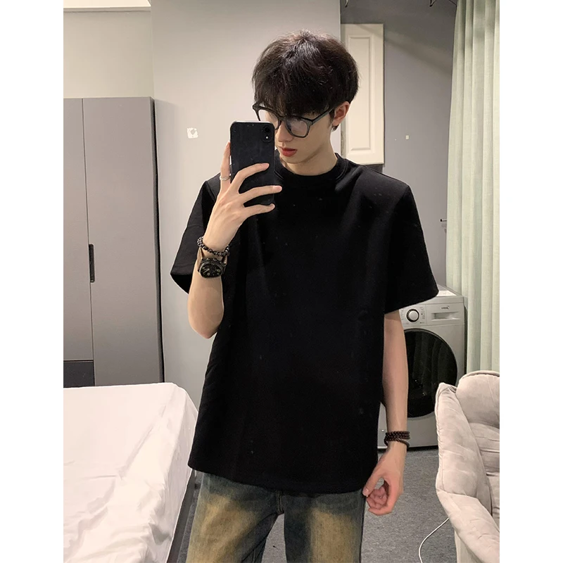 小领口纯色短袖男夏季cleanfit黑色t恤潮牌重磅美式纯棉打底衫男