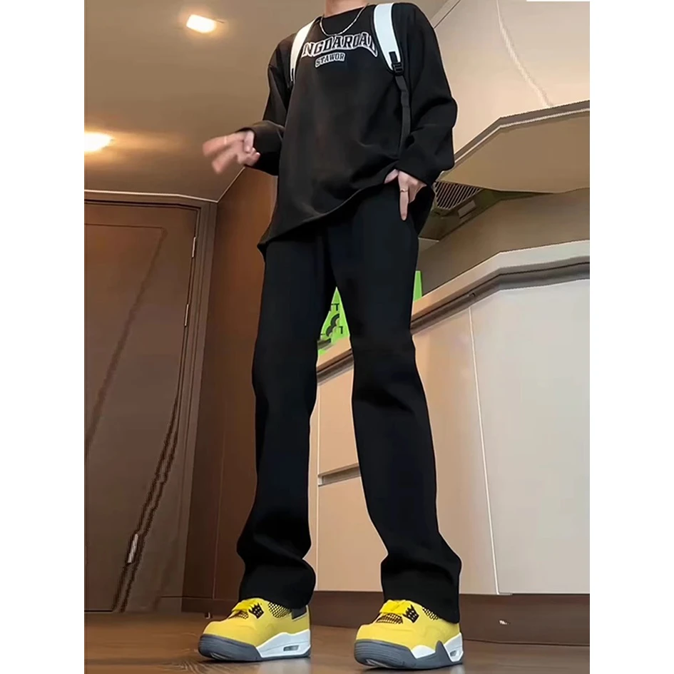 黑色微喇弯刀牛仔裤男款弹力修身显瘦裤子秋季美式高街窄版直筒裤