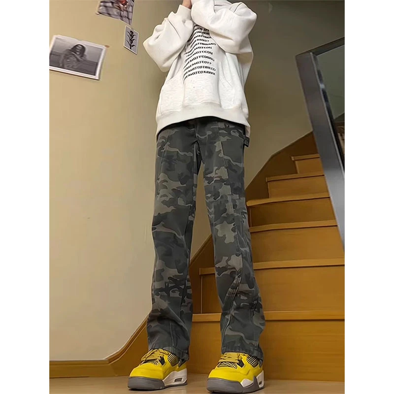 美式复古迷彩裤男款春秋季高街军绿色伐木裤子直筒ootd工装牛仔裤