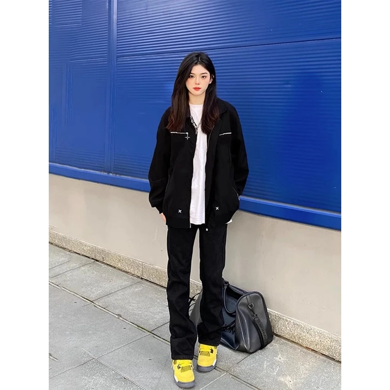 美式复古vibe裤子高街潮牌黑色牛仔裤男款宽松微喇秋季弹力直筒裤