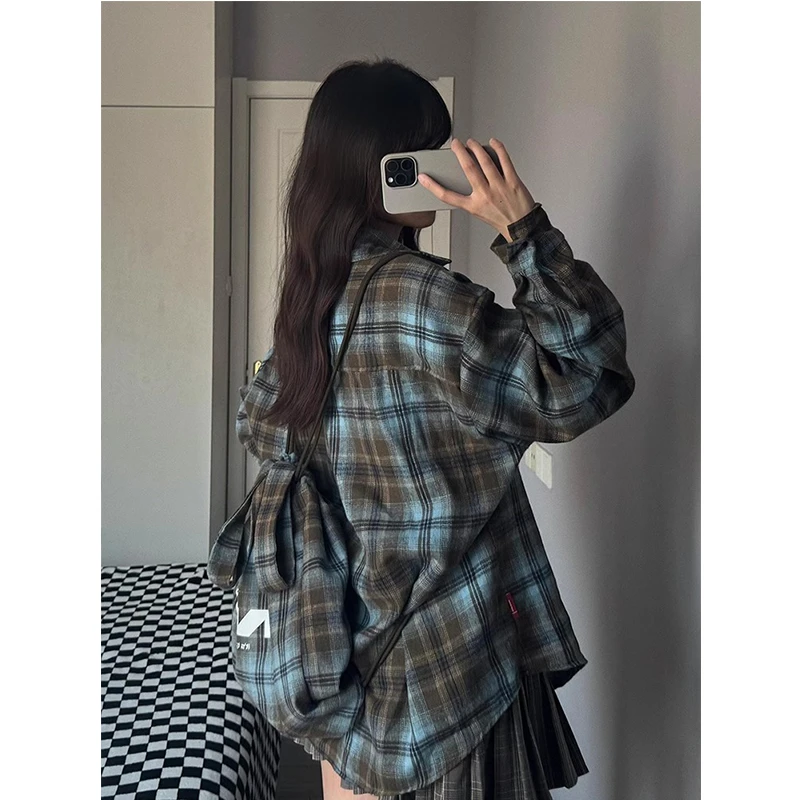 美式复古vintage格子长袖衬衫男夏季cleanfit格纹衬衣情侣装外套