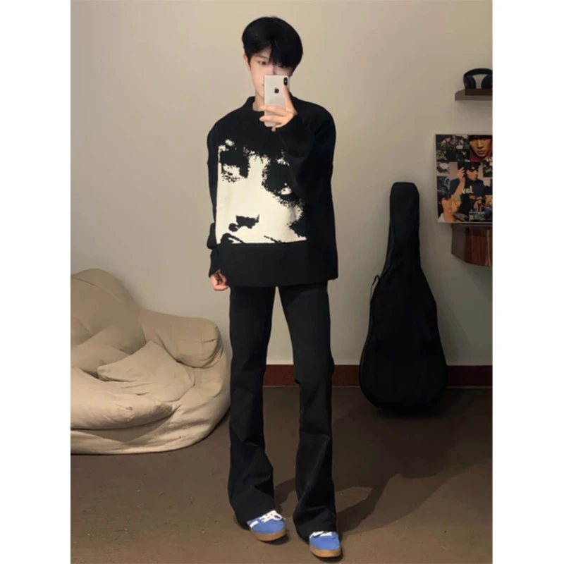 美式高街vibe黑色牛仔裤男款秋冬季加绒加厚款青少年微喇直筒裤子