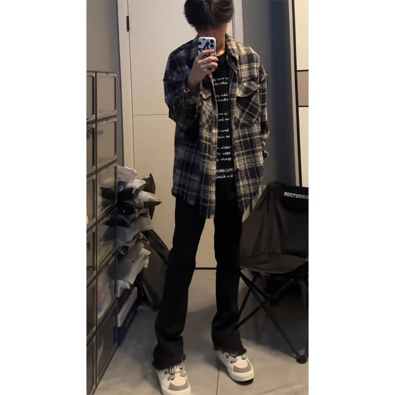 纯黑色微喇牛仔裤美式高街男潮牌cleanfit裤子修身毛边直筒休闲裤